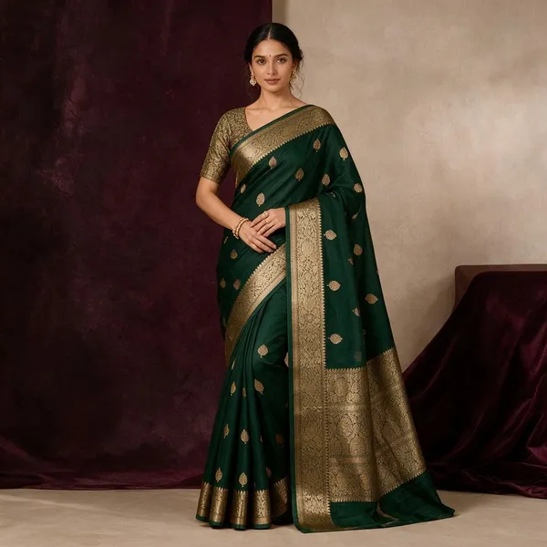 Green_Banarasi_Kora_Silk_Sarees_Copper_Zari_Weaving_Boota_Body_Jamawork