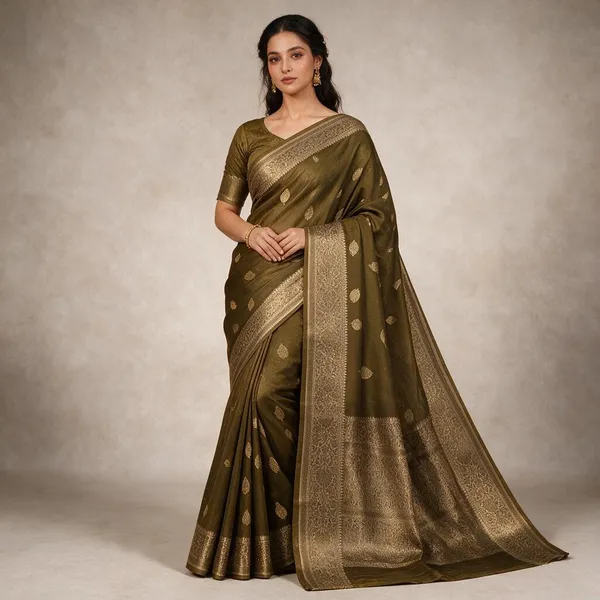 Green_Banarasi_Kora_Silk_Sarees_Copper_Zari_Weaving_Boota_Body_Jamawork