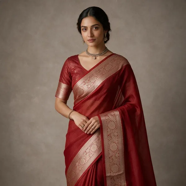 Red_Banarasi_Kora_Organza_Silk_Sarees_Banarasi_Jaal_Borders_Pallu_And_Blouse
