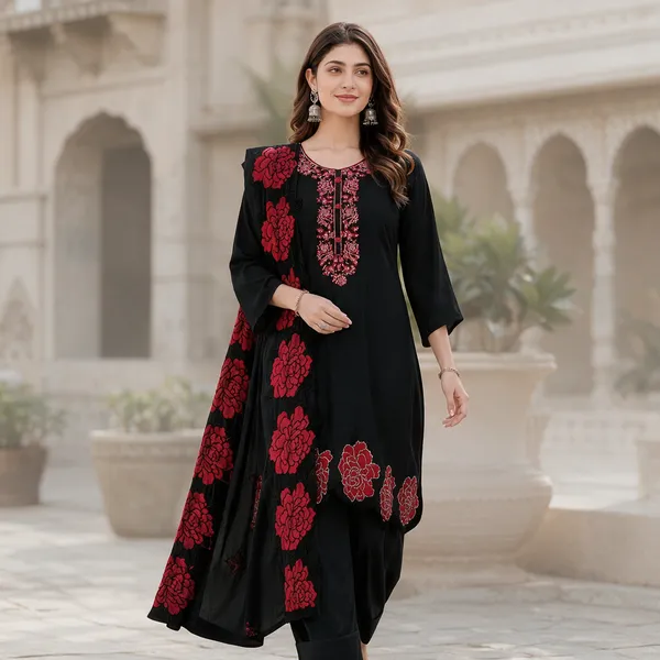 Black_Natural_Crepe_Straight_Cut_Floral_Printed_Kurta_Set_For_Women