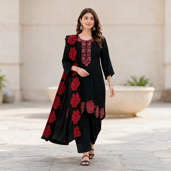 Black_Natural_Crepe_Straight_Cut_Floral_Printed_Kurta_Set_For_Women