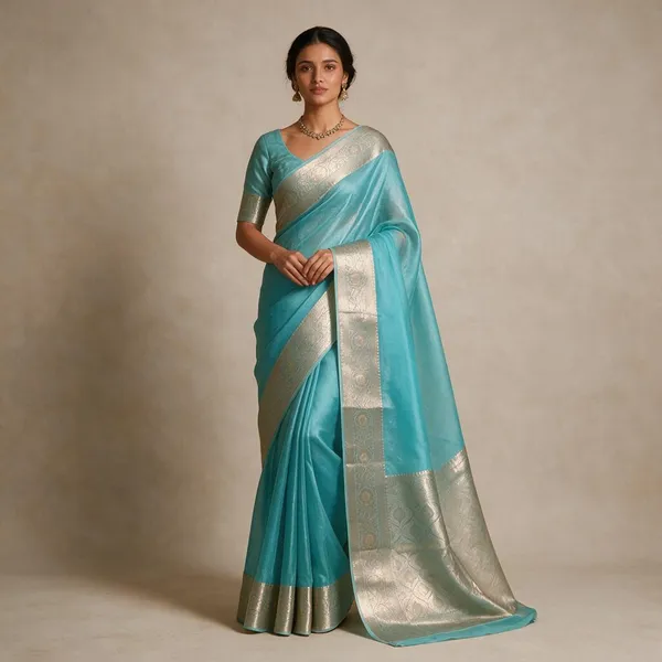 Sea_Blue_Banarasi_Kora_Organza_Silk_Sarees_Banarasi_Jaal_Borders_Pallu_And_Blouse