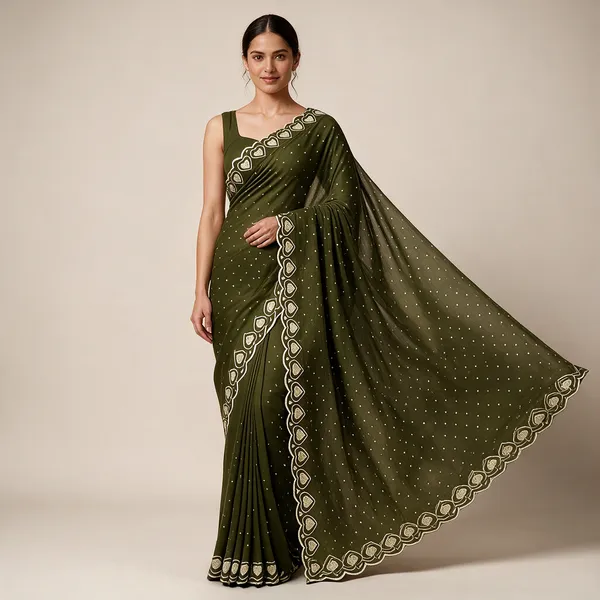 Olive_Green_Georgette_Printed_Saree_For_Women
