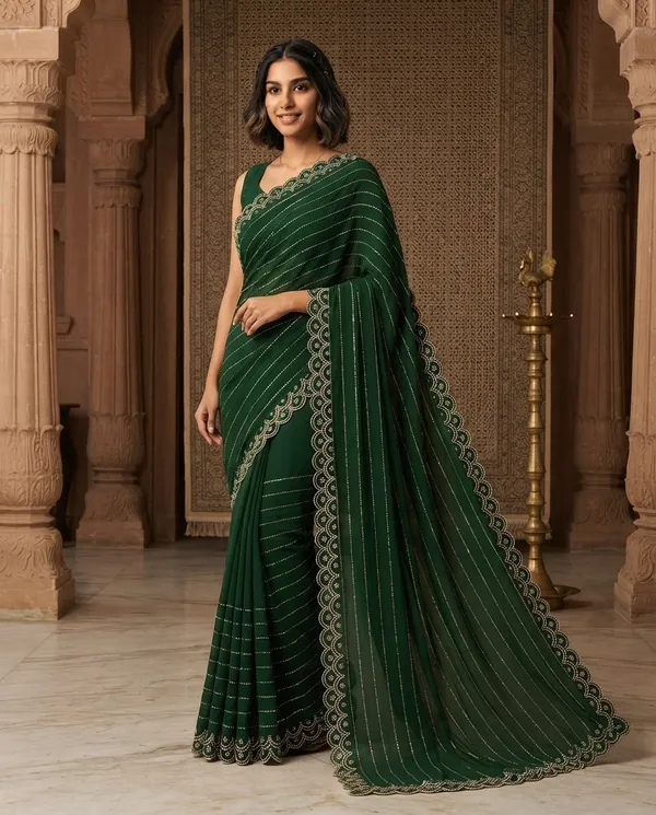 Dark_Green_Georgette_Embellished_Saree_For_Women