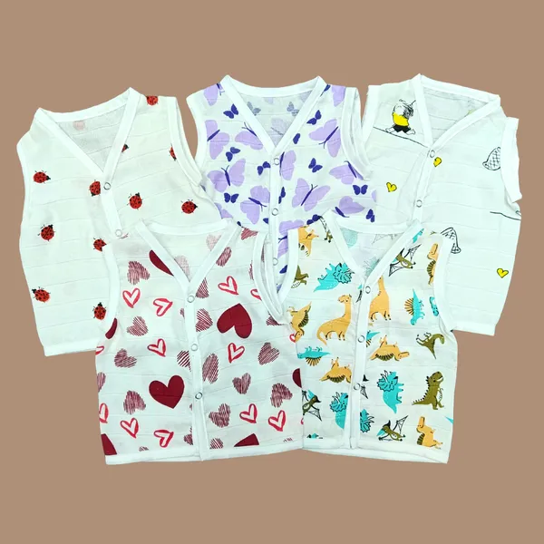 Muslin_Printed_Sleeveless_Baby_Jabla/Vest/Shirt_for_Infants_Dino,_Butterfly,_Ladybug,_happy-kid,_Red-Hearts_Design(5_Pieces)
