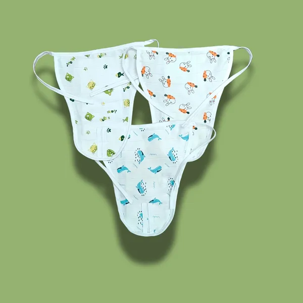 White_Muslin_Nappy_Set_for_Babies_(3_Pieces)_Carrot_Bunny,_Green_Cat,_Blue_Whale_Design