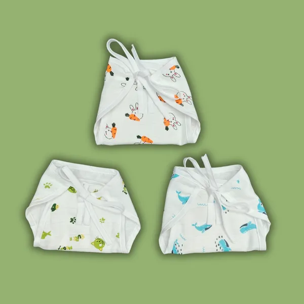 White_Muslin_Nappy_Set_for_Babies_(3_Pieces)_Carrot_Bunny,_Green_Cat,_Blue_Whale_Design