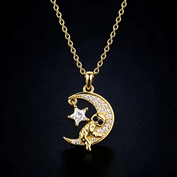 Gold-Tone_Astronaut_Crescent_Moon_Pendant_Necklace_For_Women