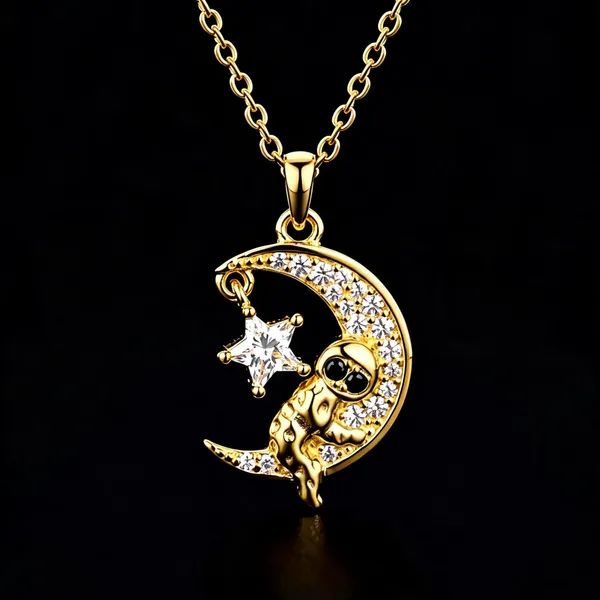Gold-Tone_Astronaut_Crescent_Moon_Pendant_Necklace_For_Women