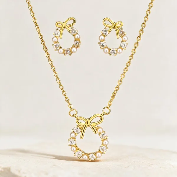 Gold-Tone_Bow_Pearl_Crystal_Necklace_And_Earrings_Set_For_Women