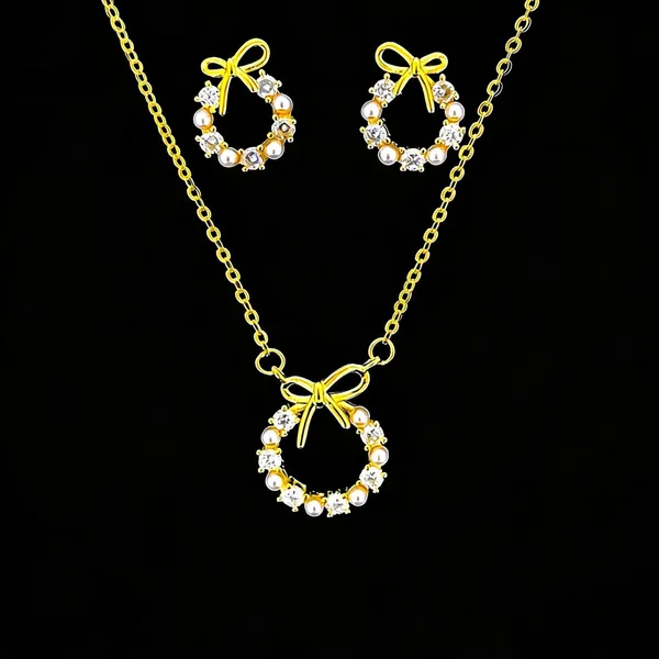 Gold-Tone_Bow_Pearl_Crystal_Necklace_And_Earrings_Set_For_Women