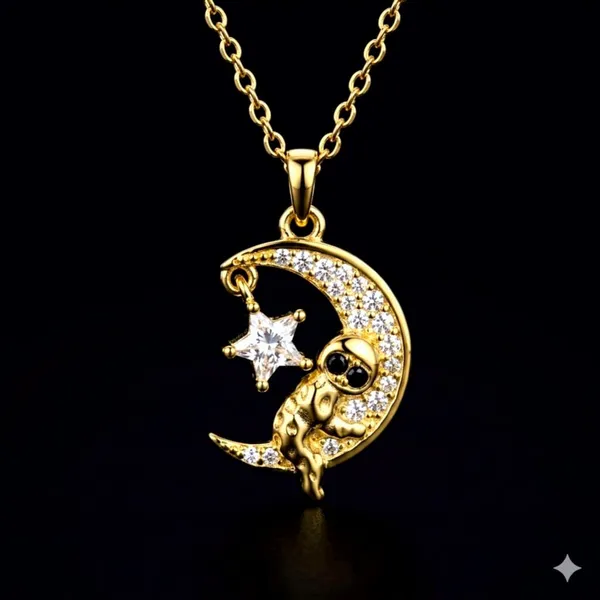 Gold-Tone_Astronaut_Crescent_Moon_Pendant_Necklace_For_Women