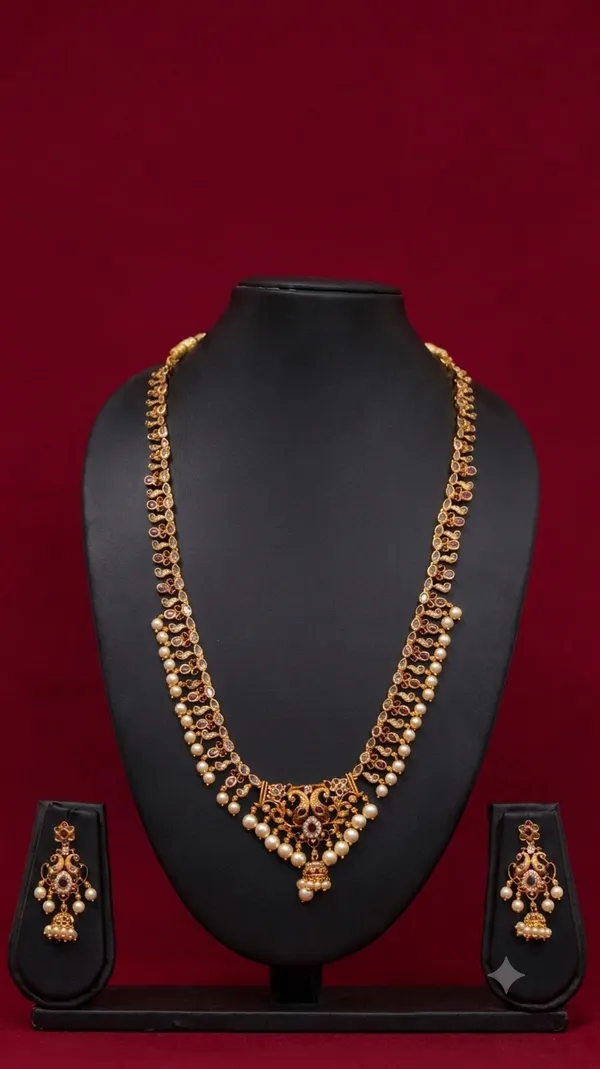 Gold_Alloy_Faux_Pearl_Necklace_And_Earrings_Set_For_Women