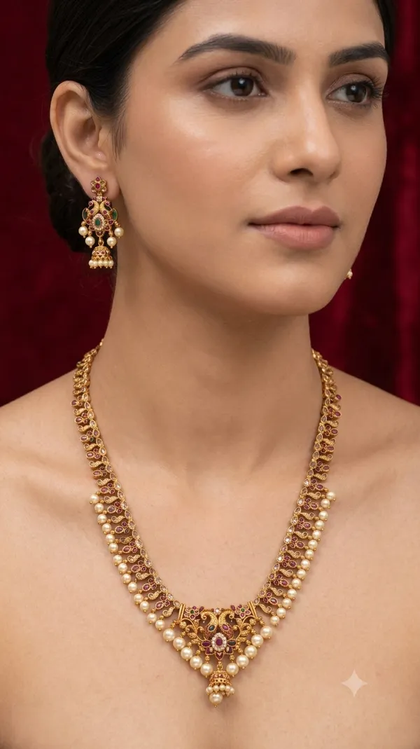 Gold_Alloy_Faux_Pearl_Necklace_And_Earrings_Set_For_Women