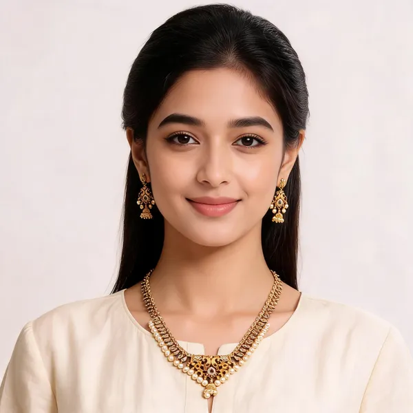 Gold_Alloy_Faux_Pearl_Necklace_And_Earrings_Set_For_Women