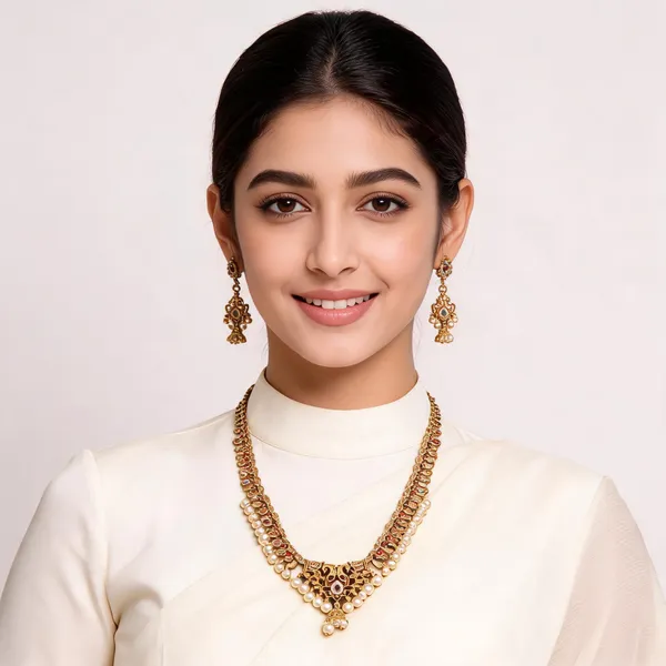 Gold_Alloy_Faux_Pearl_Necklace_And_Earrings_Set_For_Women