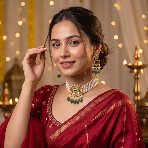 Kundan_Style_Green_Choker_Necklace_And_Earrings_Set_for_Women