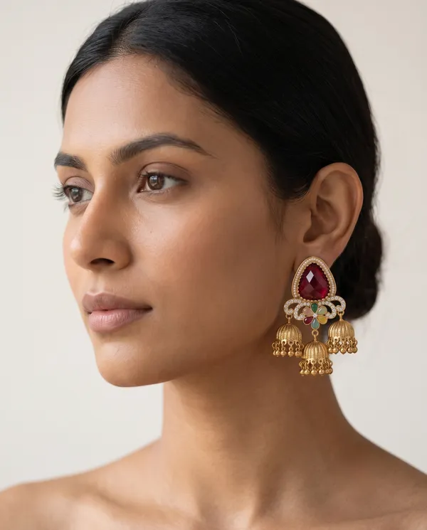 Ruby_Red_3_Tier_Antique_Gold_Jhumki