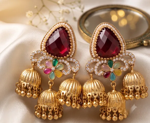 Ruby_Red_3_Tier_Antique_Gold_Jhumki