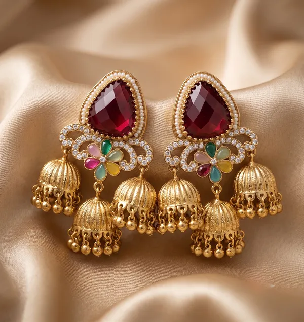Ruby_Red_3_Tier_Antique_Gold_Jhumki