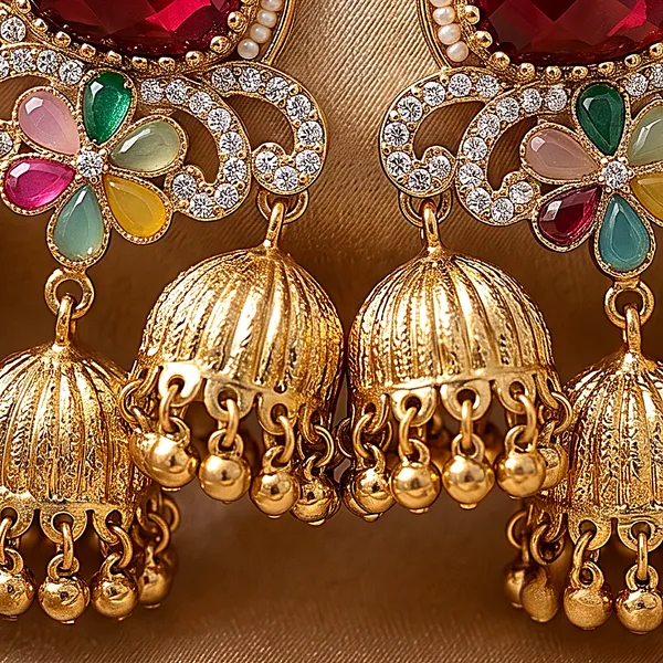 Ruby_Red_3_Tier_Antique_Gold_Jhumki