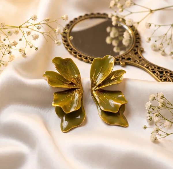 Olive_Green_Glitter_Petal_Statement_Earrings