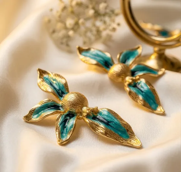 Teal_Enamel_Floral_Statement_Earrings