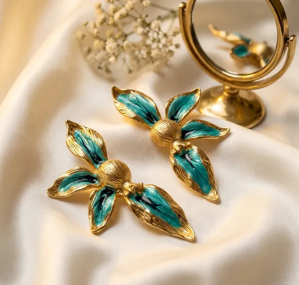 Teal_Enamel_Floral_Statement_Earrings