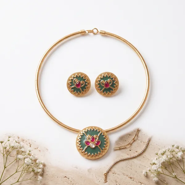 Gold-Toned_Green_And_Red_Necklace_And_Earrings_Set