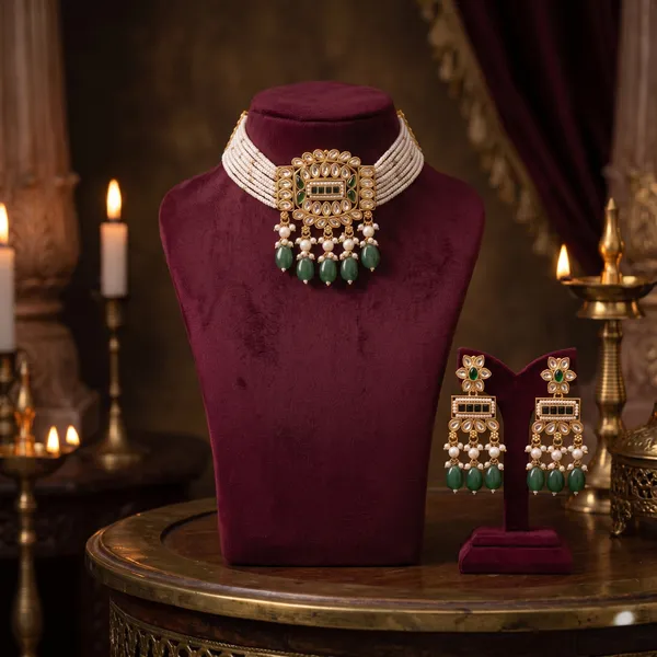 Kundan_Style_Green_Choker_Necklace_And_Earrings_Set_for_Women