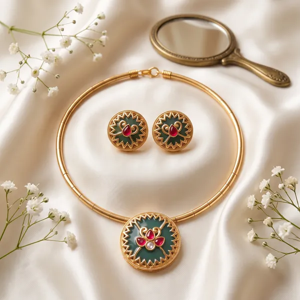 Gold-Toned_Green_And_Red_Necklace_And_Earrings_Set