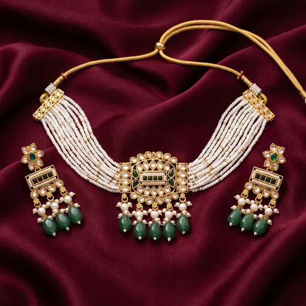 Kundan_Style_Green_Choker_Necklace_And_Earrings_Set_for_Women