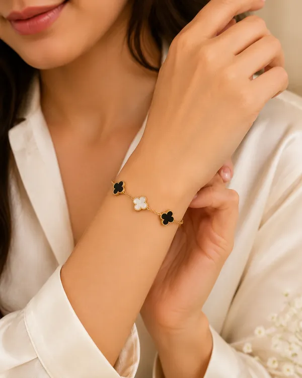 Gold_Tone_Clover_Charm_Station_Bracelet_Set_For_Women
