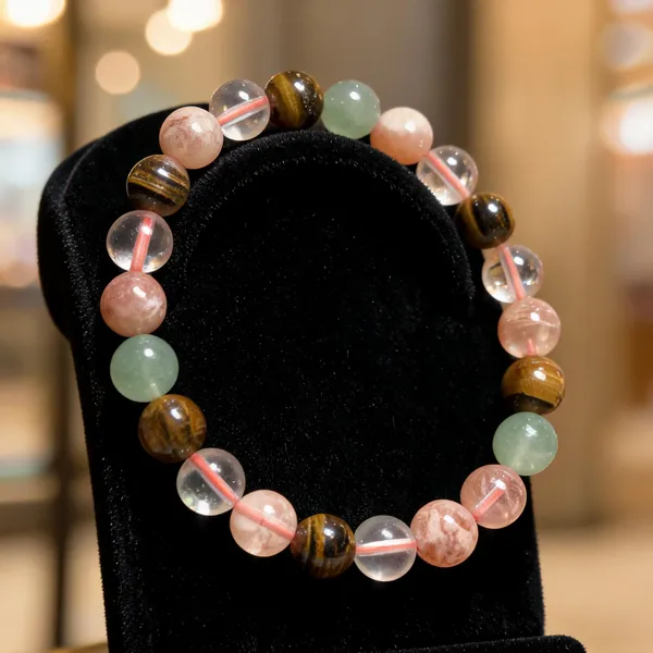Natural_Crystal_Combination_Beaded_Bracelet_–_Green_Aventurine,_Tiger_Eye,_Clear_Quartz_&_Peach_Stone_–_Translucent_to_Semi-Transparent_Clarity_for_Balance,_Positivity_&_Protection