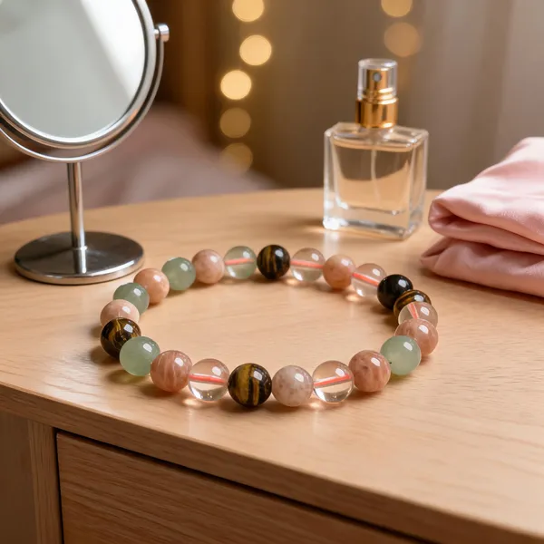 Natural_Crystal_Combination_Beaded_Bracelet_–_Green_Aventurine,_Tiger_Eye,_Clear_Quartz_&_Peach_Stone_–_Translucent_to_Semi-Transparent_Clarity_for_Balance,_Positivity_&_Protection