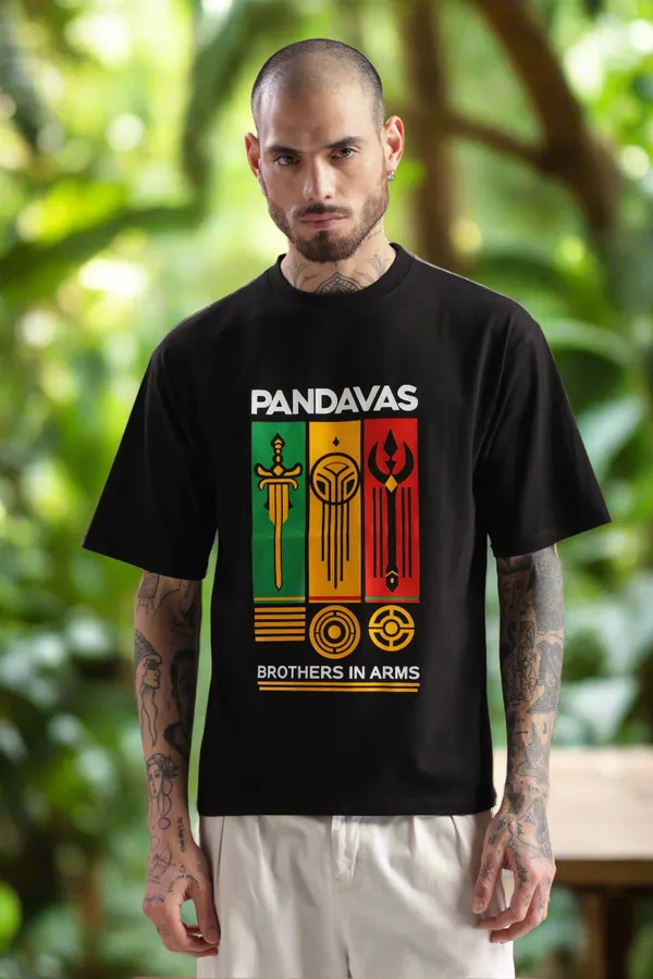 Black_Cotton_Oversized_Pandavas_Brothers_In_Arms_T-Shirt_For_Men