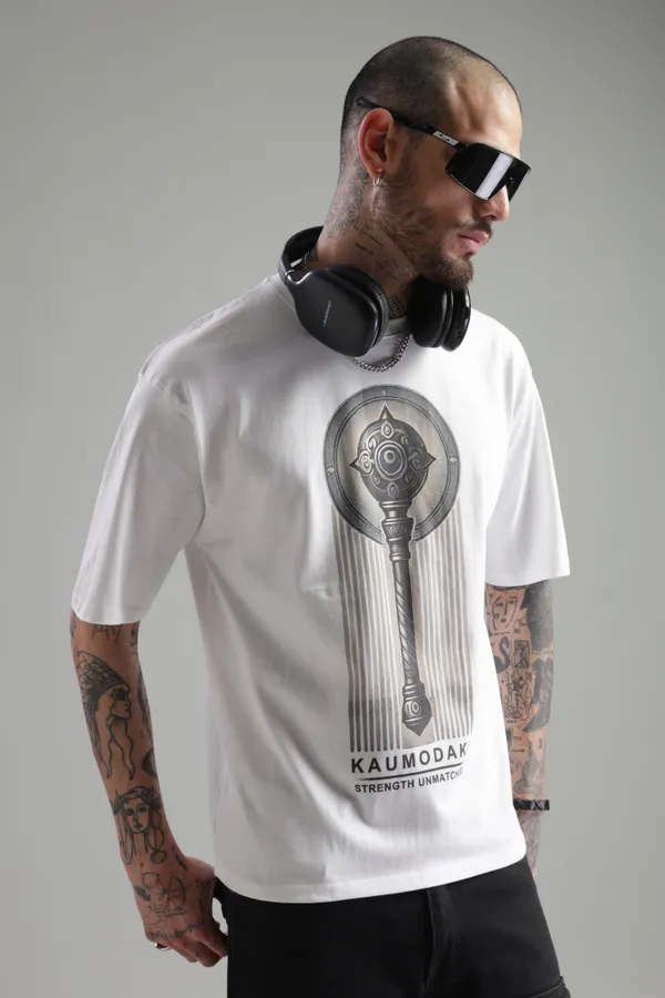 White_Cotton_Oversized_Kaumodaki_Strength_T-Shirt_For_Men