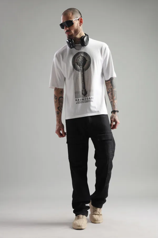 White_Cotton_Oversized_Kaumodaki_Strength_T-Shirt_For_Men