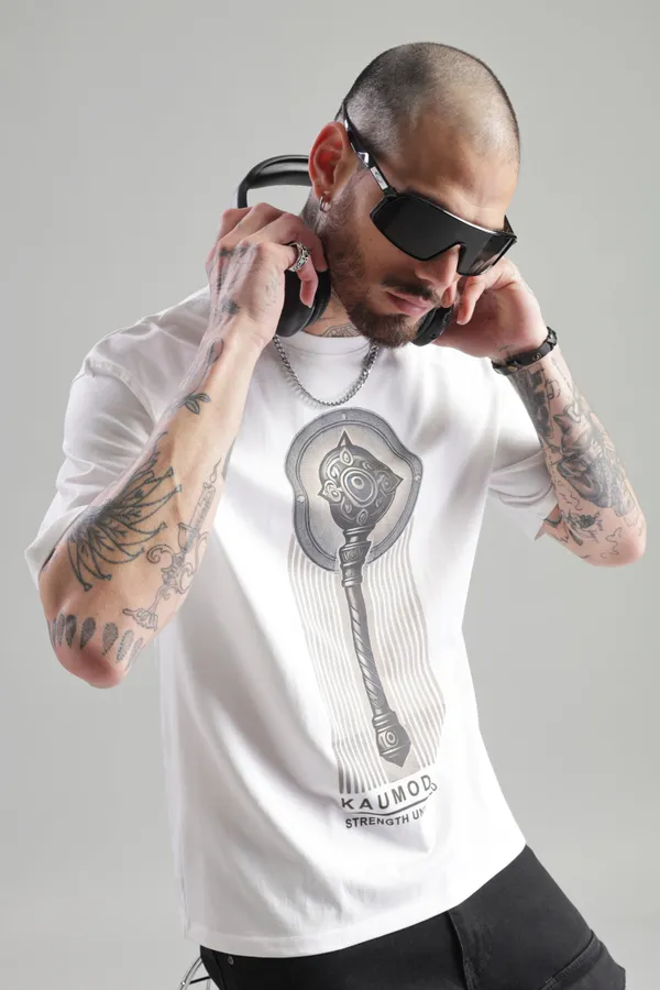 White_Cotton_Oversized_Kaumodaki_Strength_T-Shirt_For_Men
