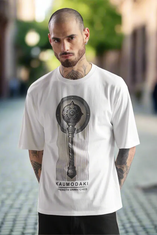 White_Cotton_Oversized_Kaumodaki_Strength_T-Shirt_For_Men