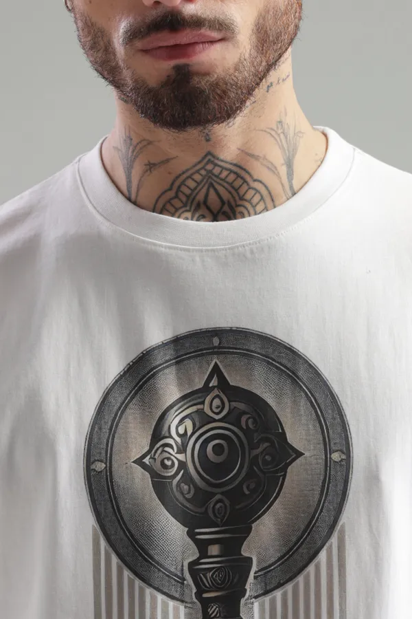 White_Cotton_Oversized_Kaumodaki_Strength_T-Shirt_For_Men