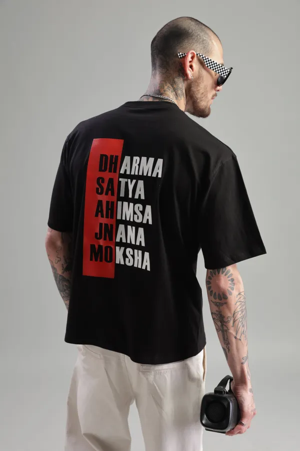 Black_Cotton_Oversized_Dharma_Satya_Ahimsa_Moksha_T-Shirt