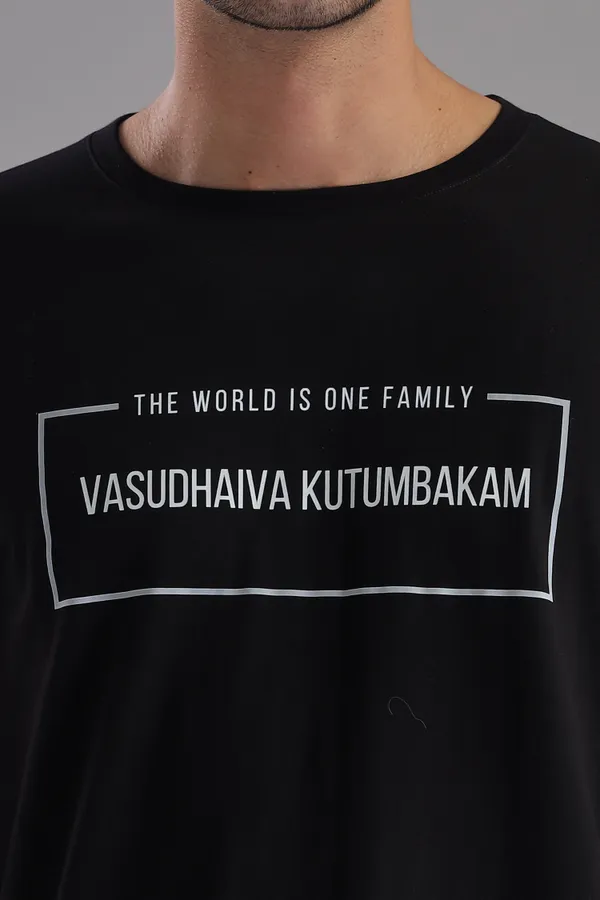 Black_Cotton_Regular_Fit_Vasudhaiva_Kutumbakam_T-Shirt