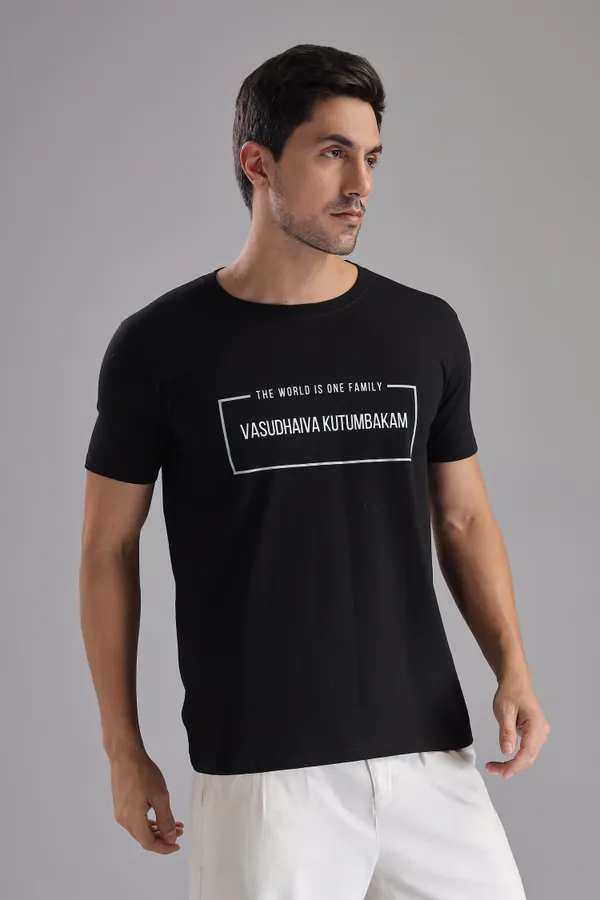 Black_Cotton_Regular_Fit_Vasudhaiva_Kutumbakam_T-Shirt