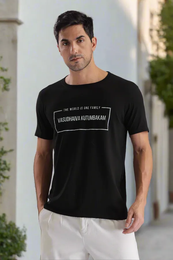 Black_Cotton_Regular_Fit_Vasudhaiva_Kutumbakam_T-Shirt