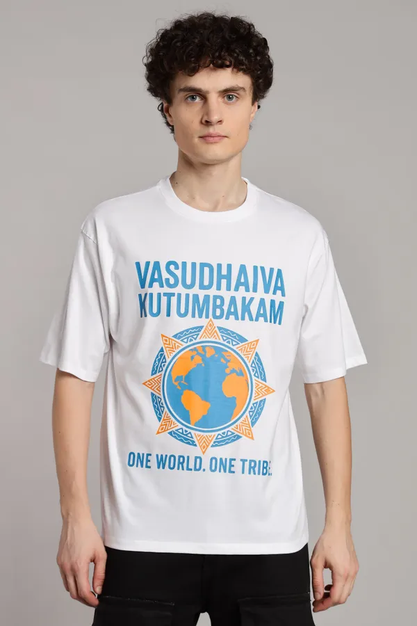 White_Cotton_Oversized_Vasudhaiva_Kutumbakam_T-Shirt_For_Men