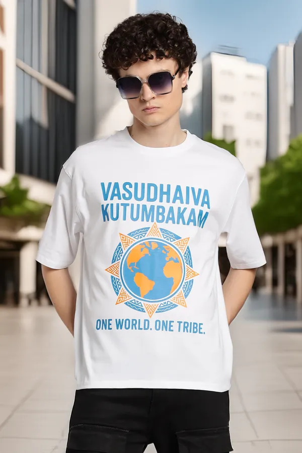 White_Cotton_Oversized_Vasudhaiva_Kutumbakam_T-Shirt_For_Men