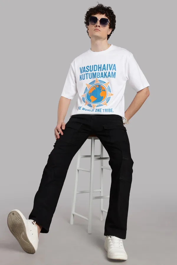 White_Cotton_Oversized_Vasudhaiva_Kutumbakam_T-Shirt_For_Men