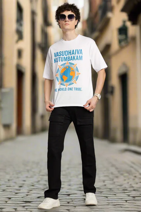 White_Cotton_Oversized_Vasudhaiva_Kutumbakam_T-Shirt_For_Men