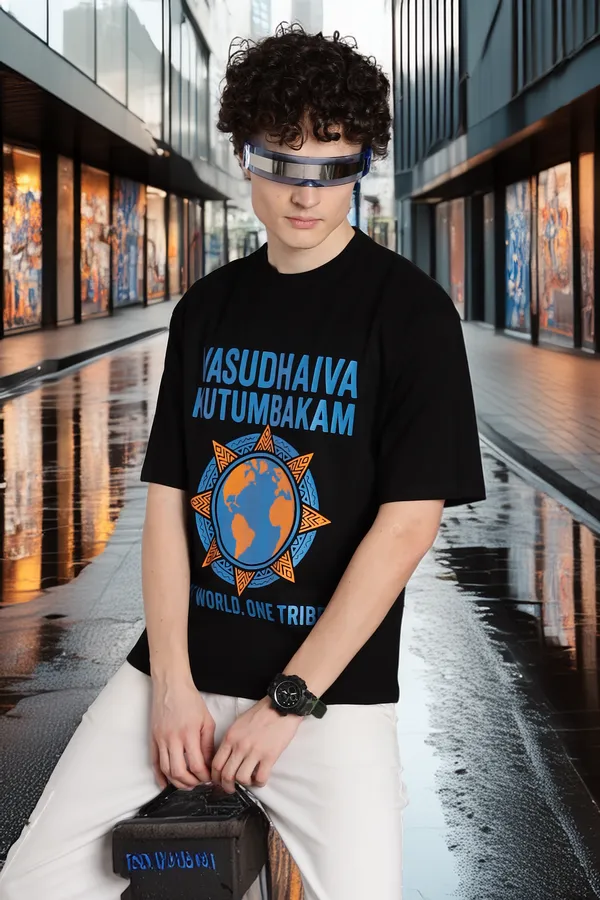 Black_Cotton_Oversized_Vasudhaiva_Kutumbakam_T-Shirt